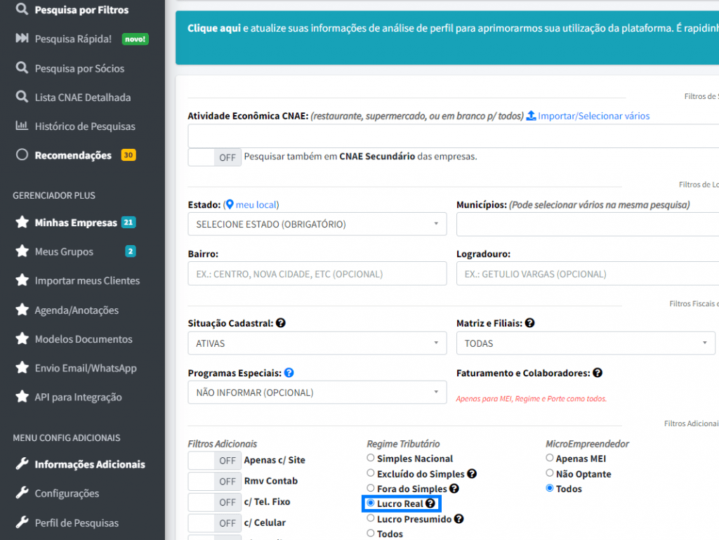 Imagem da seção "Pesquisa por Flltros" da plataforma EmpresAqui destacando as opções em uma aba na lateral esquerda do "menu principal""pesuisa por filtros" e a opção de filtro "Lucro Real"