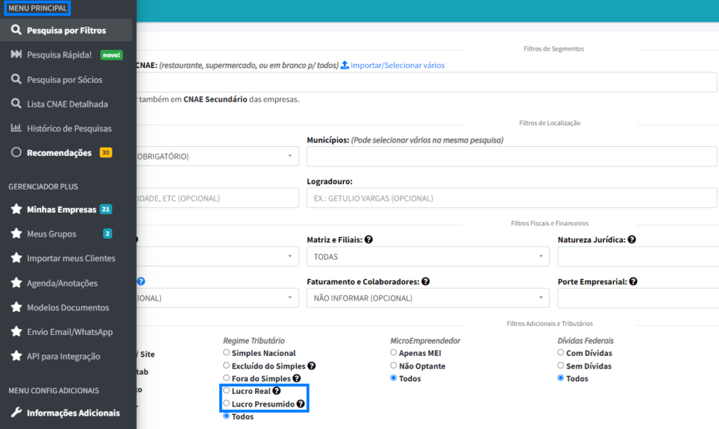 Imagem da seção "Pesquisa por Flltros" da plataforma EmpresAqui destacando as opções em uma aba na lateral esquerda do "menu principal""pesuisa por filtros" e as opções de filtros "Lucro Real"e "Lucro Presumido"