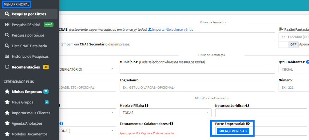 Imagem da pesquisa por filtro mais barra lateral (menu principal) da plataforma EmpresAqui