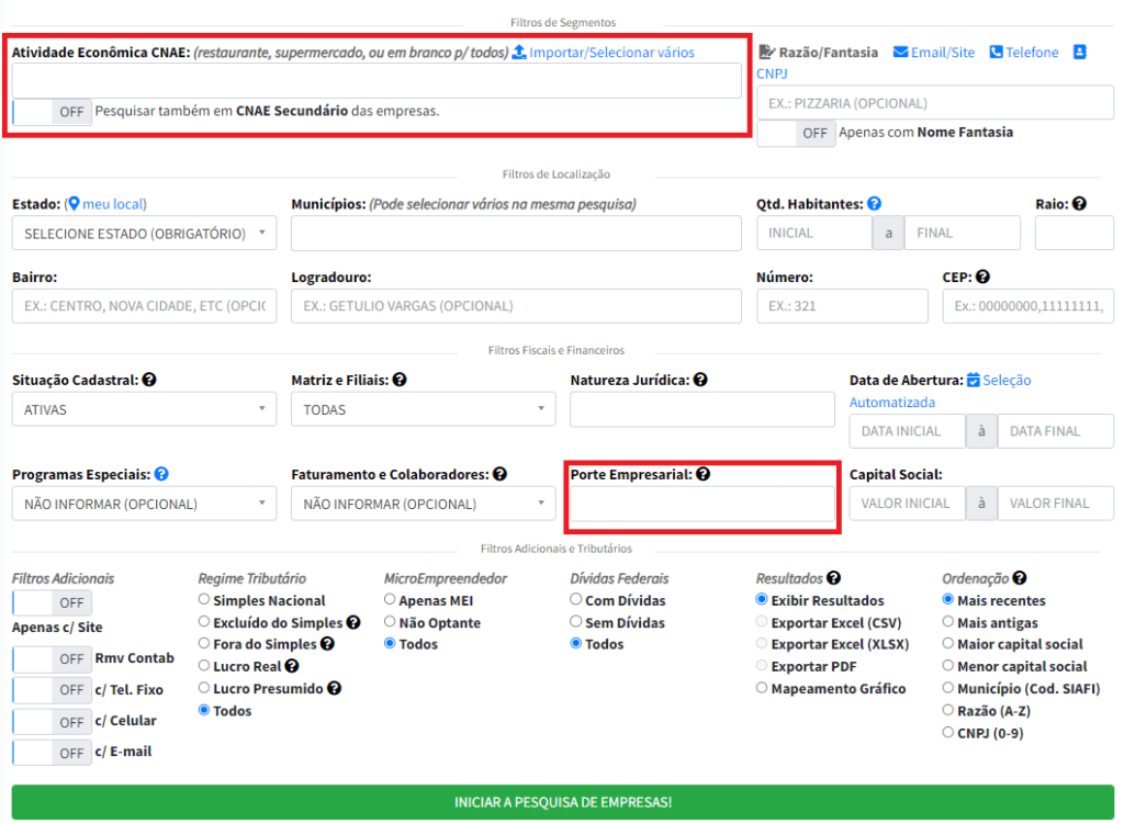 A imagem mostra uma interface de uma ferramenta de pesquisa empresarial com vários filtros de segmentação. No topo, há um campo para buscar por CNAE (Classificação Nacional de Atividades Econômicas), com a opção de incluir o CNAE Secundário das empresas. Também há a possibilidade de pesquisar pelo nome ou razão social da empresa, com opções para filtrar por email, site, telefone e CNPJ.