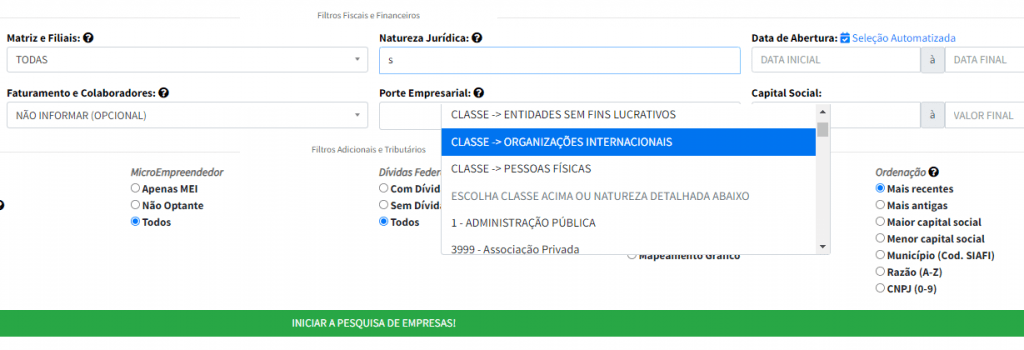 Filtro Organizações Internacionais no EmpresAqui