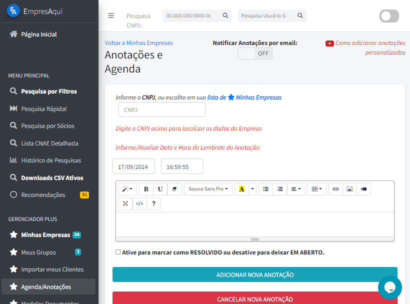 Página de Anotações e Agenda na plataforma EmpresAqui, mostrando campos para inserir CNPJ, data e hora, e adicionar anotações.