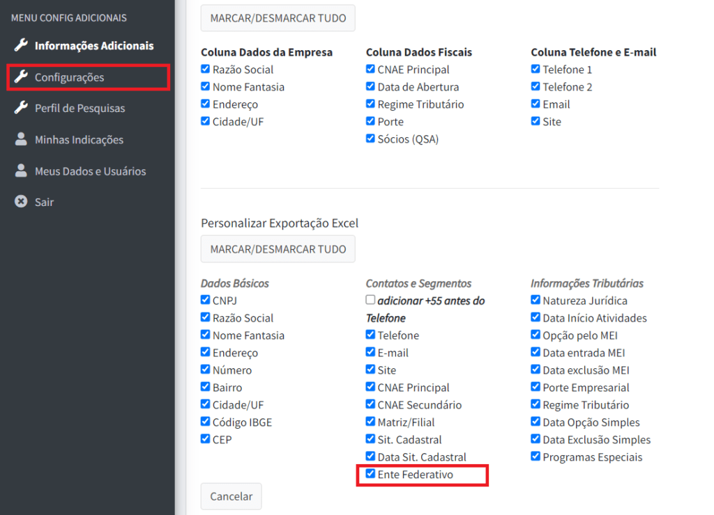 Tela de configurações avançadas de exportação de dados empresariais, permitindo a personalização das colunas e informações a serem exportadas para Excel, como dados básicos, contatos e segmentos, e informações tributárias.