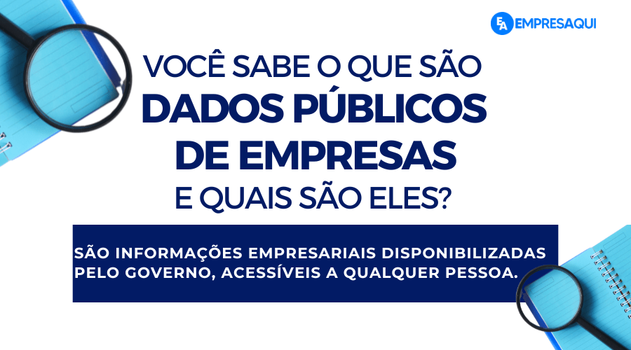 Imagem com fundo branco, contendo uma lupa sobre um caderno azul e um texto central em azul escuro que explica o que são dados públicos de empresas.