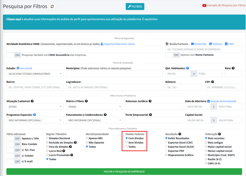 Tela de pesquisa por filtros no EmpresAqui com destaque para a opção de dívidas federais.