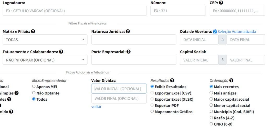 Interface de filtros de pesquisa no EmpresAqui, destacando campos como logradouro, natureza jurídica, porte empresarial, capital social e valor de dívidas.