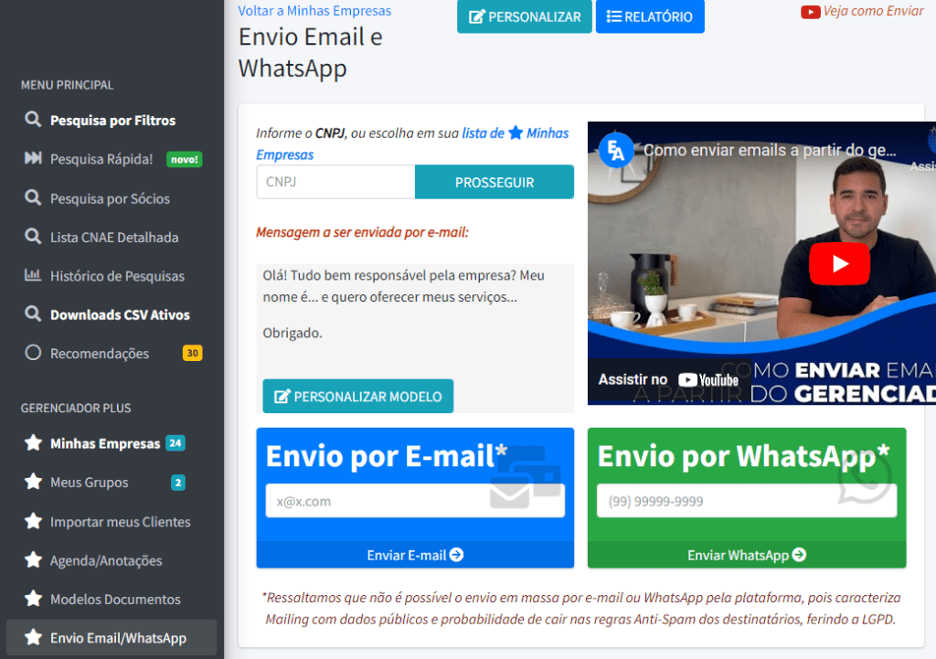 Tela de envio de Email e WhatsApp do EmpresAqui, com opções de personalização de mensagem e campos para inserir o CNPJ.