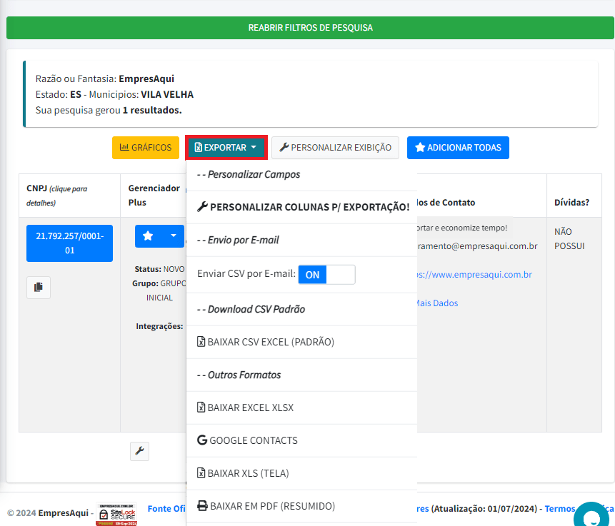 Opções de exportação de dados da plataforma EmpresAqui.