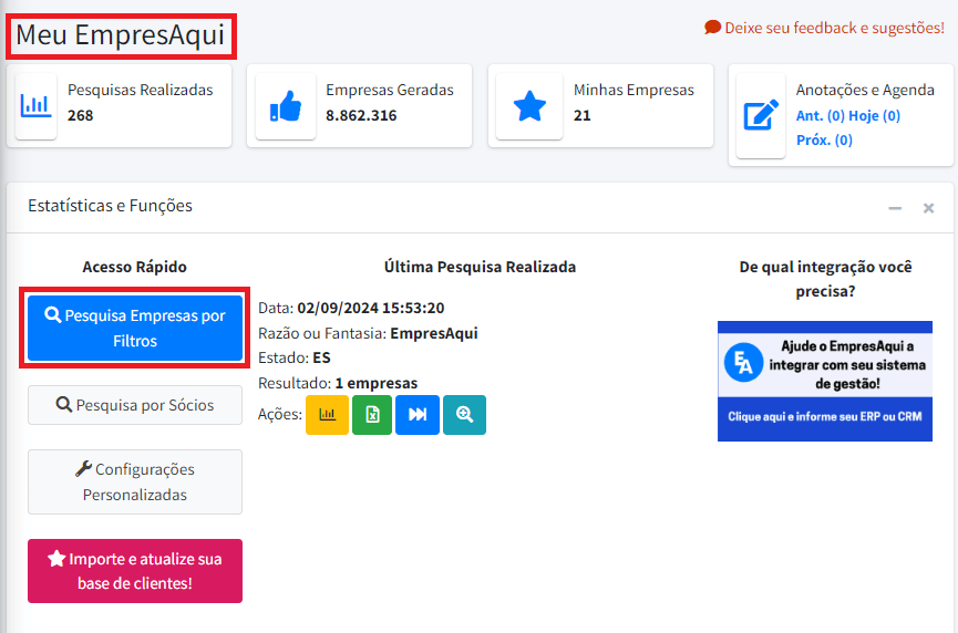 Captura de tela da interface "Meu EmpresAqui" destacando o acesso rápido à pesquisa de empresas por filtros.