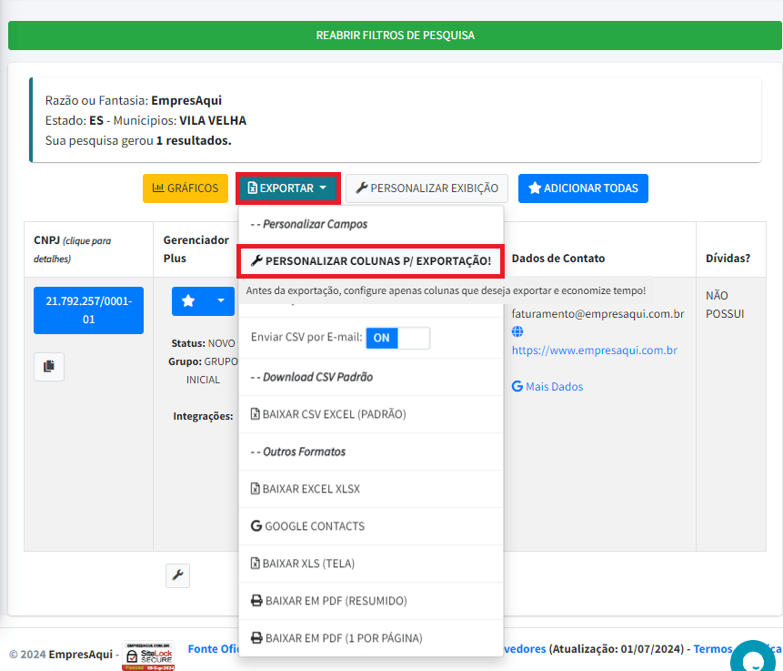 Opções de exportação de dados da plataforma EmpresAqui com botões de personalização e formatos de download.