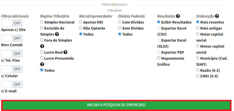 imagem exibe a parte final de uma interface de pesquisa de empresas, onde é possível visualizar diversos filtros adicionais e tributários, como regime tributário, situação de microempreendedores, dívidas federais, e opções de resultados e ordenação. Abaixo dos filtros, há um botão verde destacado com o texto "INICIAR A PESQUISA DE EMPRESAS!"