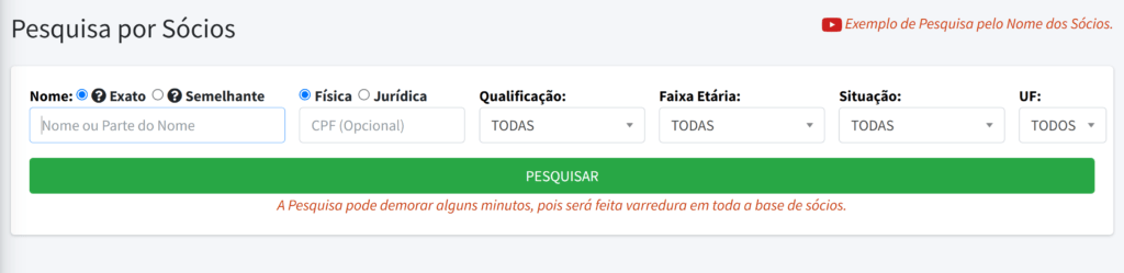 Interface de pesquisa por sócios, com campos de preenchimento como nome, CPF, qualificação, faixa etária, situação e estado, além de um botão verde de pesquisar.