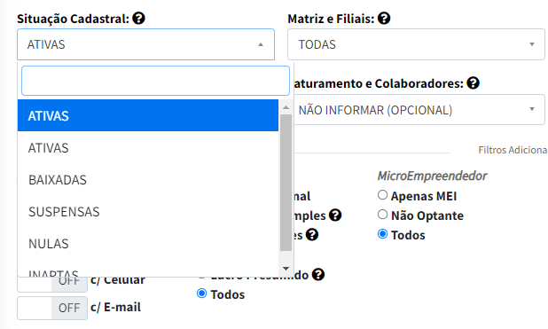 imagem do filtro da plataforma EmpresAqui para a situação cadastral.