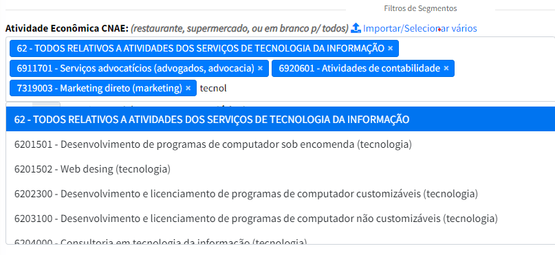 imagem do filtro de CNAE da plataforma Empresaqui.