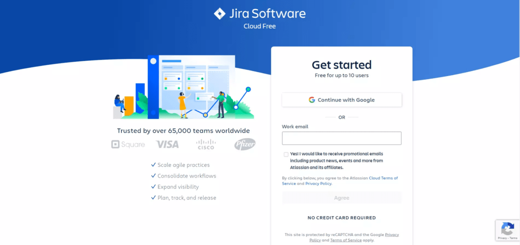 Página de inscrição do Jira Software Cloud Free, com opções para começar gratuitamente para até 10 usuários. A página mostra botões de inscrição, inclusive via Google, e destaca a confiança de mais de 65.000 equipes ao redor do mundo, com logos de empresas como Square, VISA, Cisco e Pfizer.