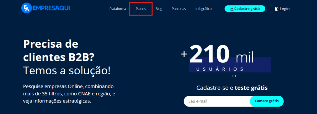 a imagem mostra o menu inicial da página EmpresAqui, com a aba planos em destaque.