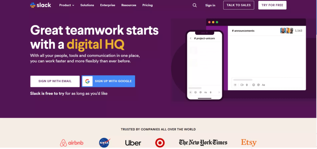 Página inicial do site Slack mostrando a mensagem principal "Great teamwork starts with a digital HQ" e opções para cadastro com email ou Google. Abaixo, estão os logos de empresas como Airbnb, NASA, Uber, The New York Times e Etsy que utilizam a plataforma.