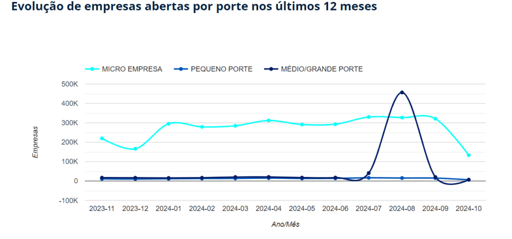 o gráfico mostra as empresas abertas por porte nos últimos 12 meses.