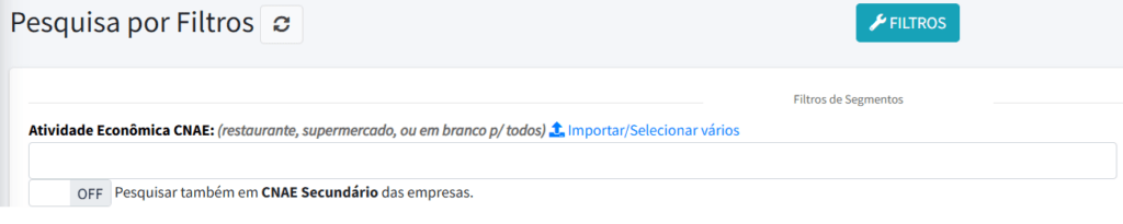 Tela de pesquisa por filtros na plataforma EmpresAqui, mostrando o campo de busca por Atividade Econômica CNAE e a opção de ativar a pesquisa em CNAE Secundário das empresas.