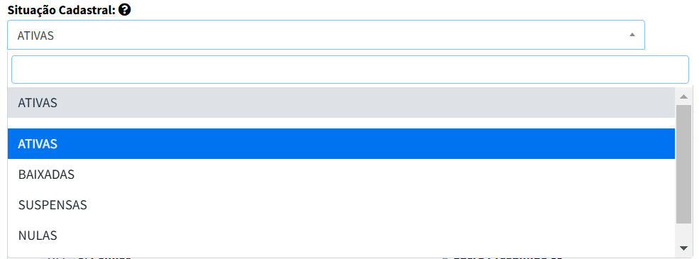 Campo de seleção da situação cadastral na plataforma EmpresAqui, mostrando as opções "Ativas", "Baixadas", "Suspensas" e "Nulas", com "Ativas" destacada em azul.